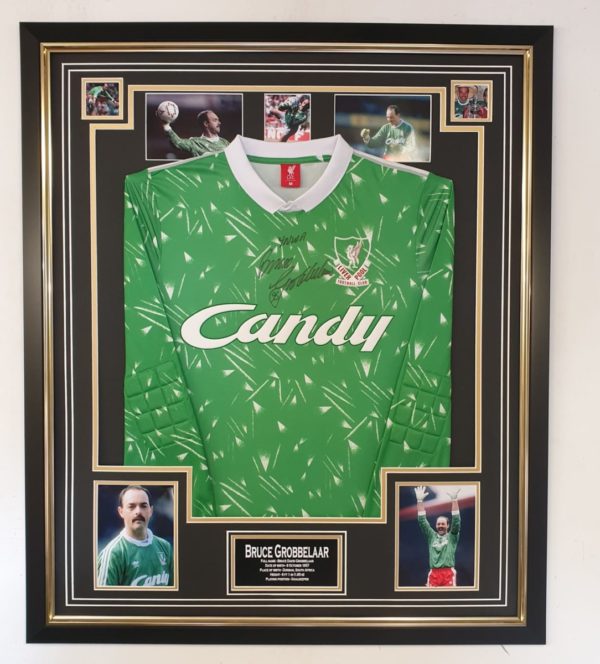 BRUCE GROBBELAAR SIGNED LIVERPOOL SHIRT IN QUALITY FRAME WITH PHOTO MONTAGE