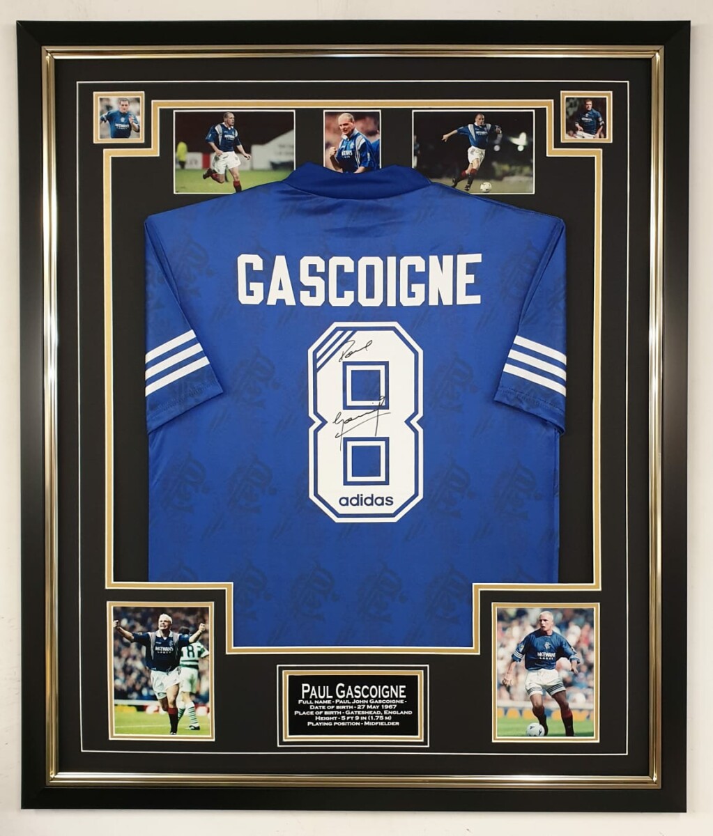 Exclusive Memorabilia Paul Gascoigne Signed England Euro 1996 Football Shirt.  Standard Frame : : Sports & Outdoors