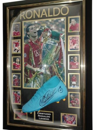 CRISTIANO RONALDO SIGNED FOOTBALL BOOT FRAMED WITH MANCHESTER UTD PHOTOS