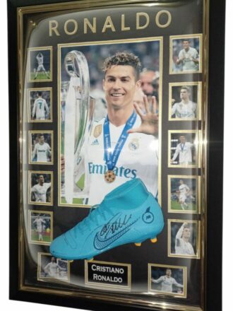 CRISTIANO RONALDO SIGNED FOOTBALL BOOT FRAMED WITH REAL MADRID FC PHOTOS