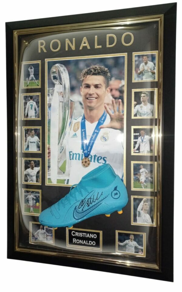 CRISTIANO RONALDO SIGNED FOOTBALL BOOT FRAMED WITH REAL MADRID FC PHOTOS
