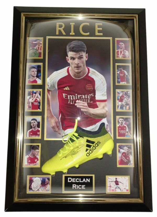 DECLAN RICE SIGNED BOOT WITH ARSENAL FC PHOTOS FRAMED