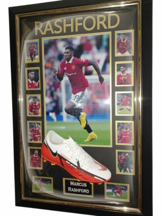 MARCUS RASHFORD SIGNED FOOTBALL BOOT IN CURVED FRAME WITH MANCHESTER UTD PHOTOS