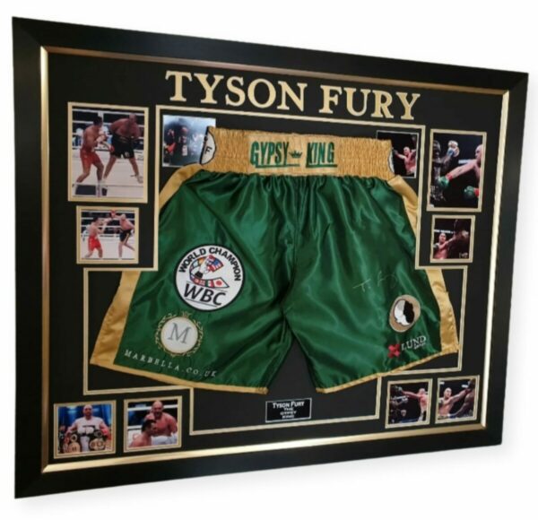 TYSON FURY GYPSY KING SIGNED GREEN SHORTS FRAMED