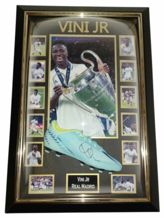 VINI JR SIGNED BOOT WITH REAL MADRID PHOTOS FRAMED