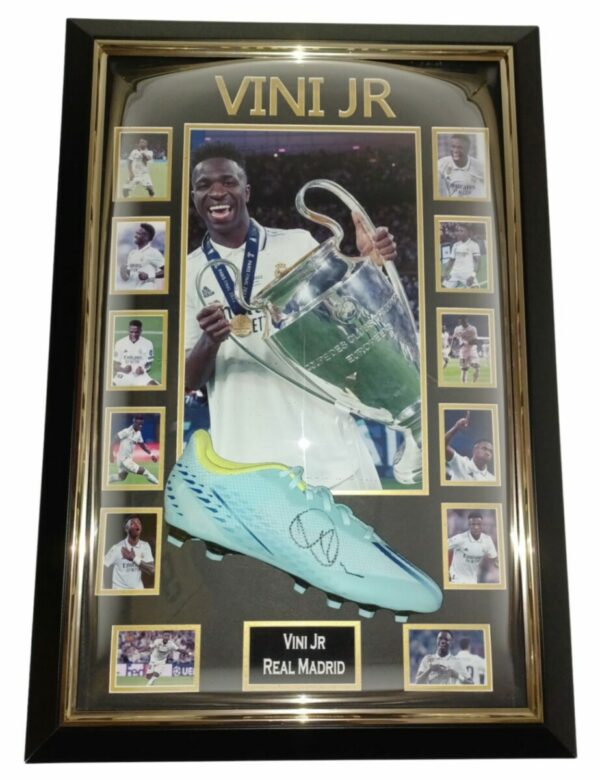 VINI JR SIGNED BOOT WITH REAL MADRID PHOTOS FRAMED